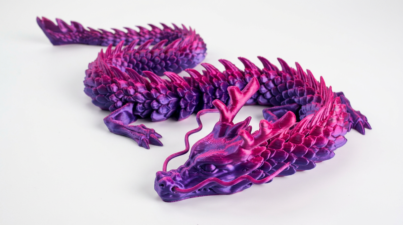 3D-printed dragon model in purple and pink on a white background